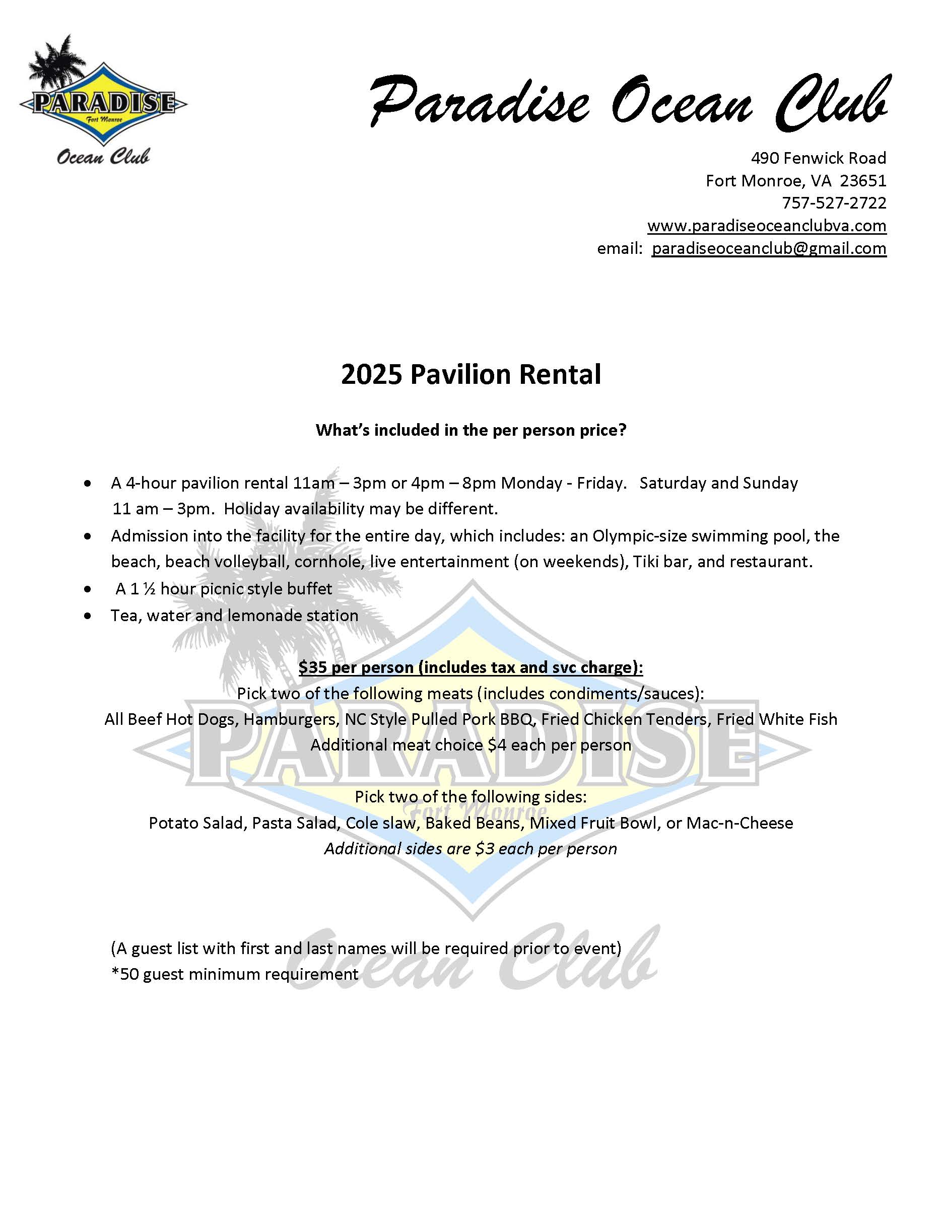 Pavilion Rental Information for 2025